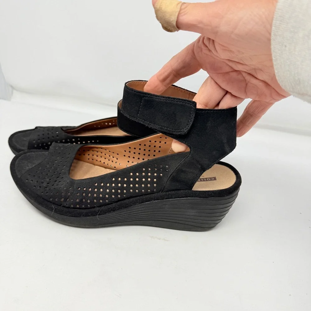 Clarks‎ Womens Black Perforated Wedge Sandals Ankle Strap Comfort Size 10